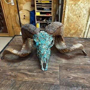 Blue and Brown Ram Skull Art Sculpture